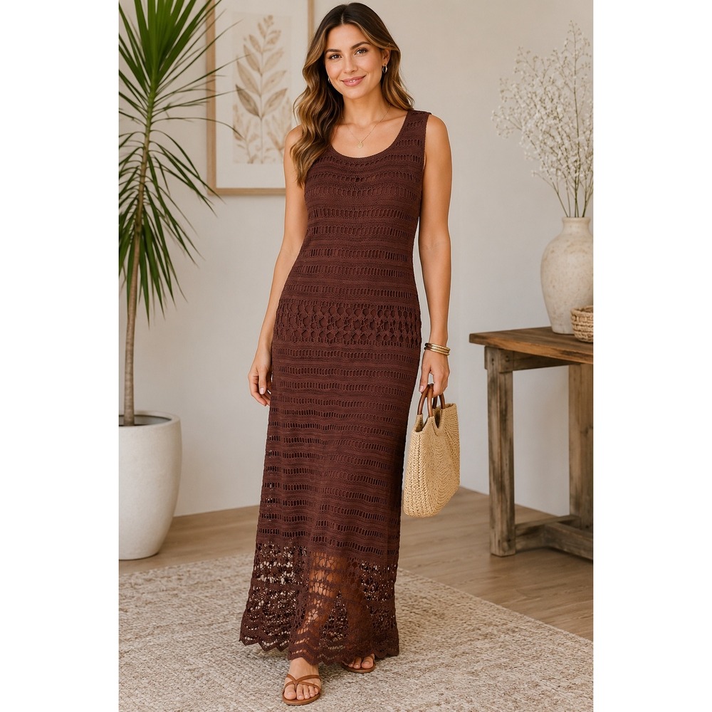 Chico's Design Brown Crochet Maxi Dress Sz 1 Open Knit Column VTG Hippie